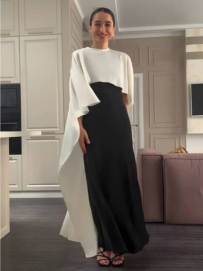 Contrast Shawl Crewneck Two-Piece Slip Skirt Set