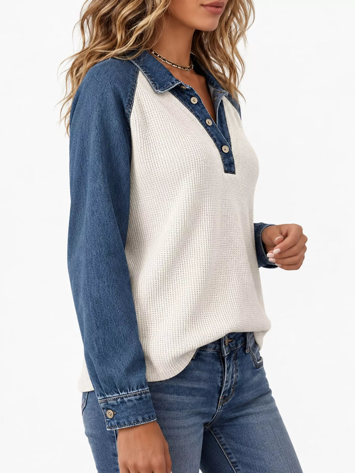 Full Size Waffle Knit Denim Patchwork Button Detail Blouse Plus Size