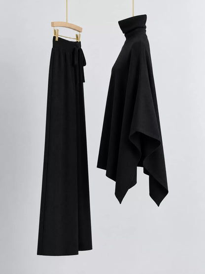 Turtleneck Poncho Pants Set with Wide-Leg Knit Pants