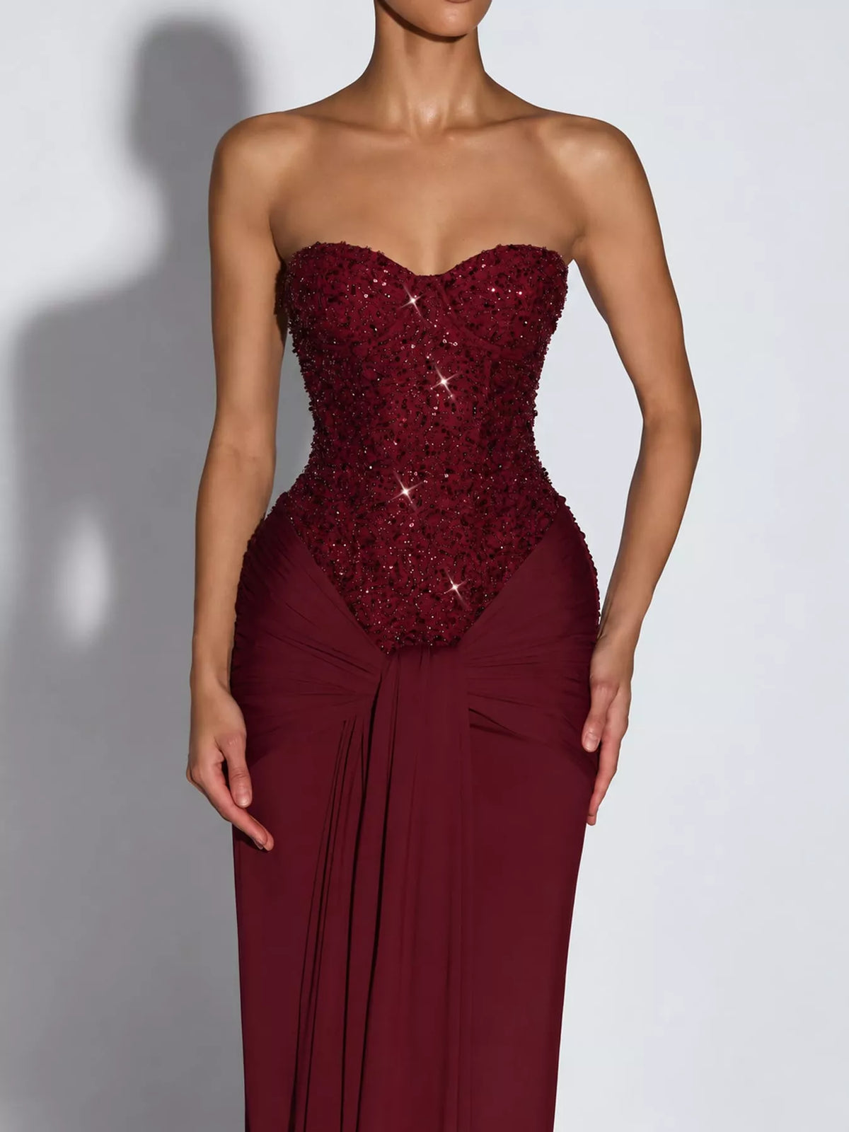 Elegant Strapless Sequin Corset Maxi Dress with Draped Waist Detail