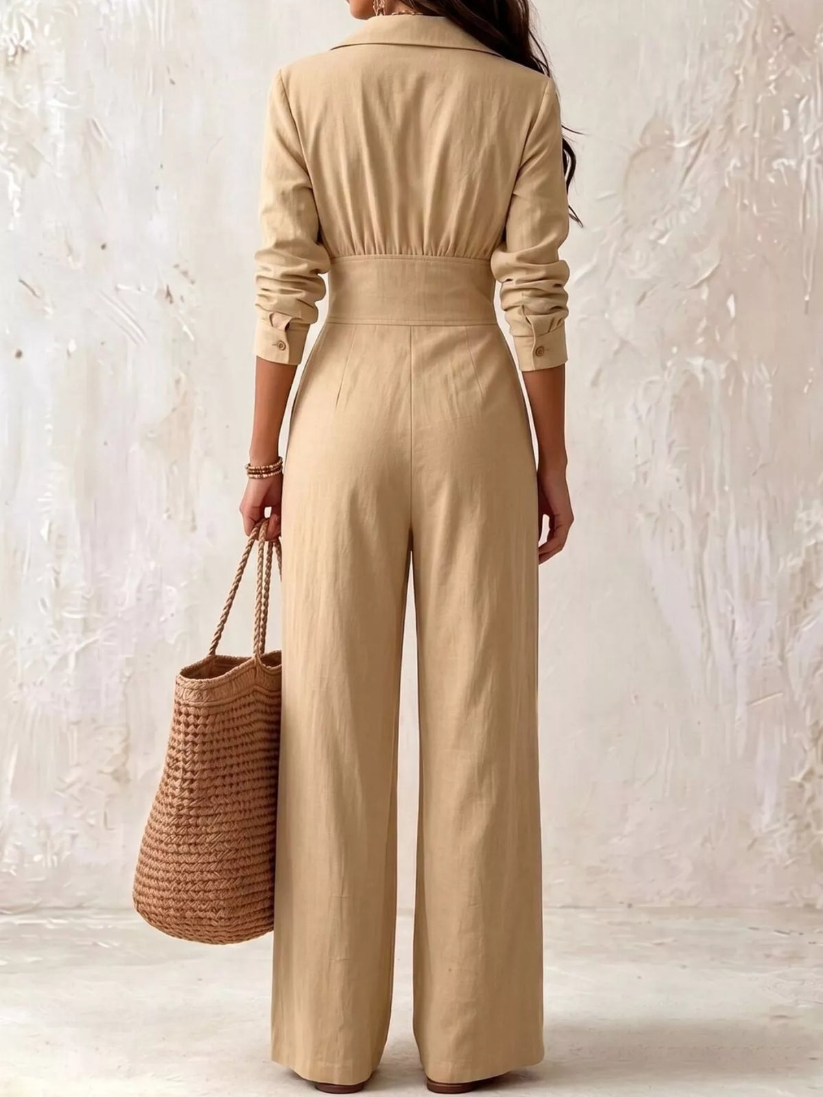 Lapel Collar Button Front Wide-Leg Jumpsuit