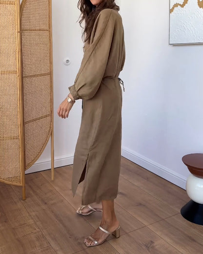 Casual Cotton And Linen Solid Color Lapel Dress