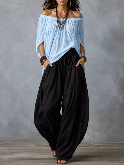 Full Size Off-Shoulder Top and Wide-Leg Harem Pants Set Plus Size