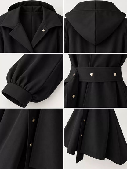 Lantern Sleeve Hooded Outerwear with Belted Waist