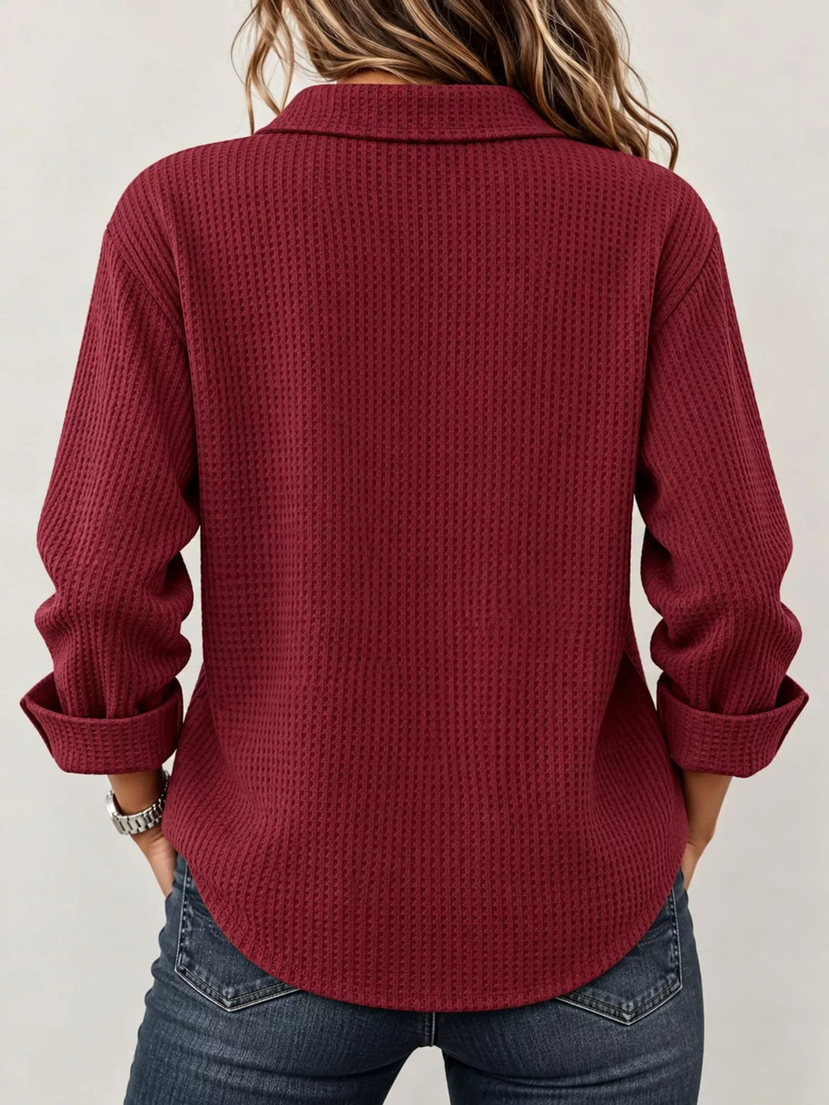 Full Size Waffle Knit Long Sleeve Polo Top Plus Size