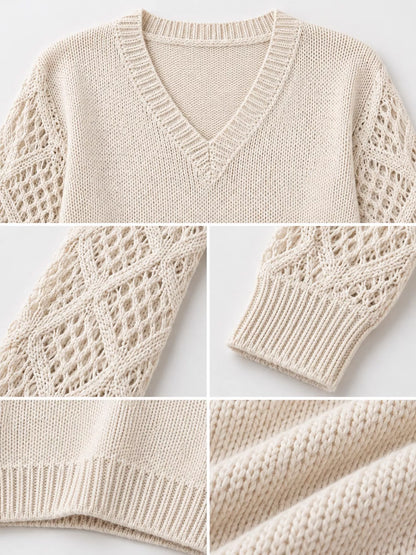 Full Size V-Neck Hollow-Out Long Sleeve Sweater Plus Size