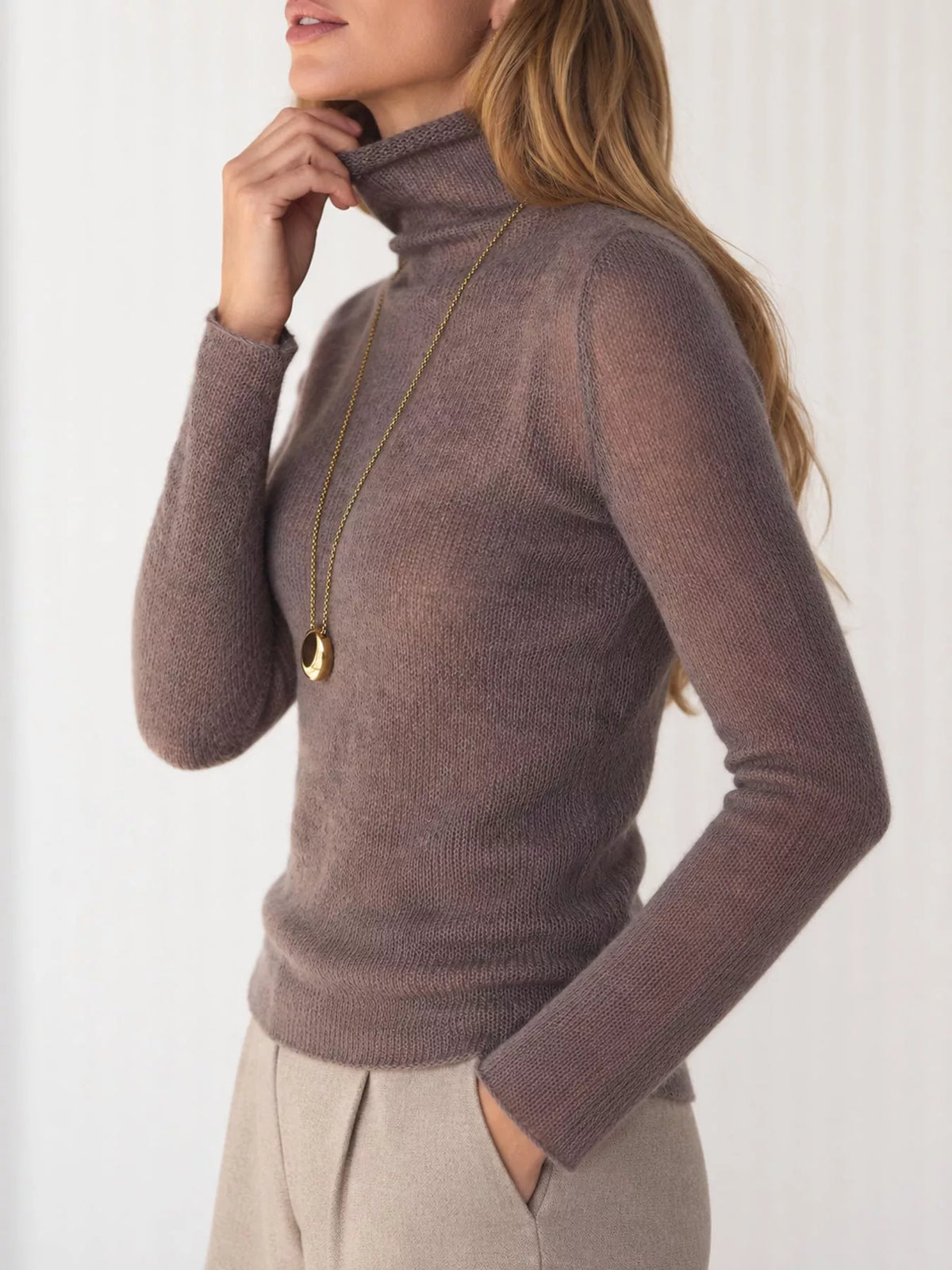 Women’s Sheer Turtleneck Knit Top – Lightweight Long Sleeve