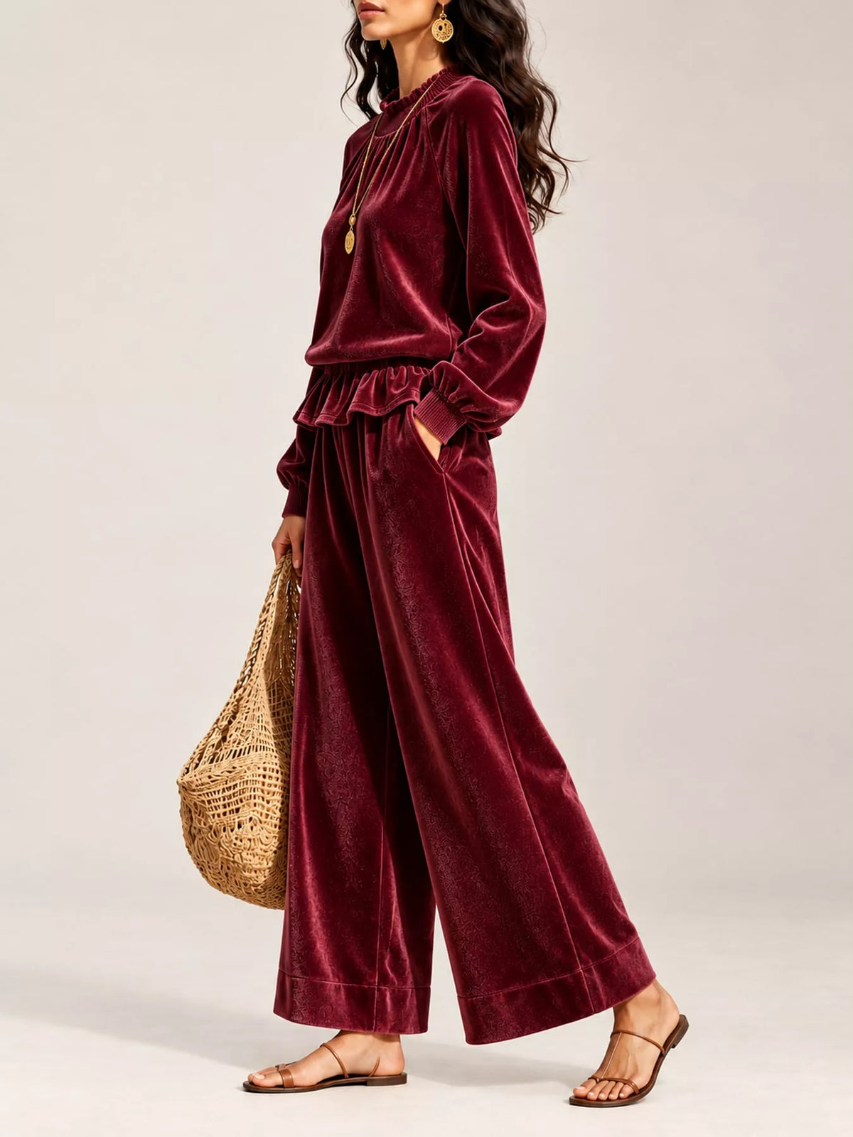 Velvet Ruffled Hem Top and Wide-Leg Pants Set