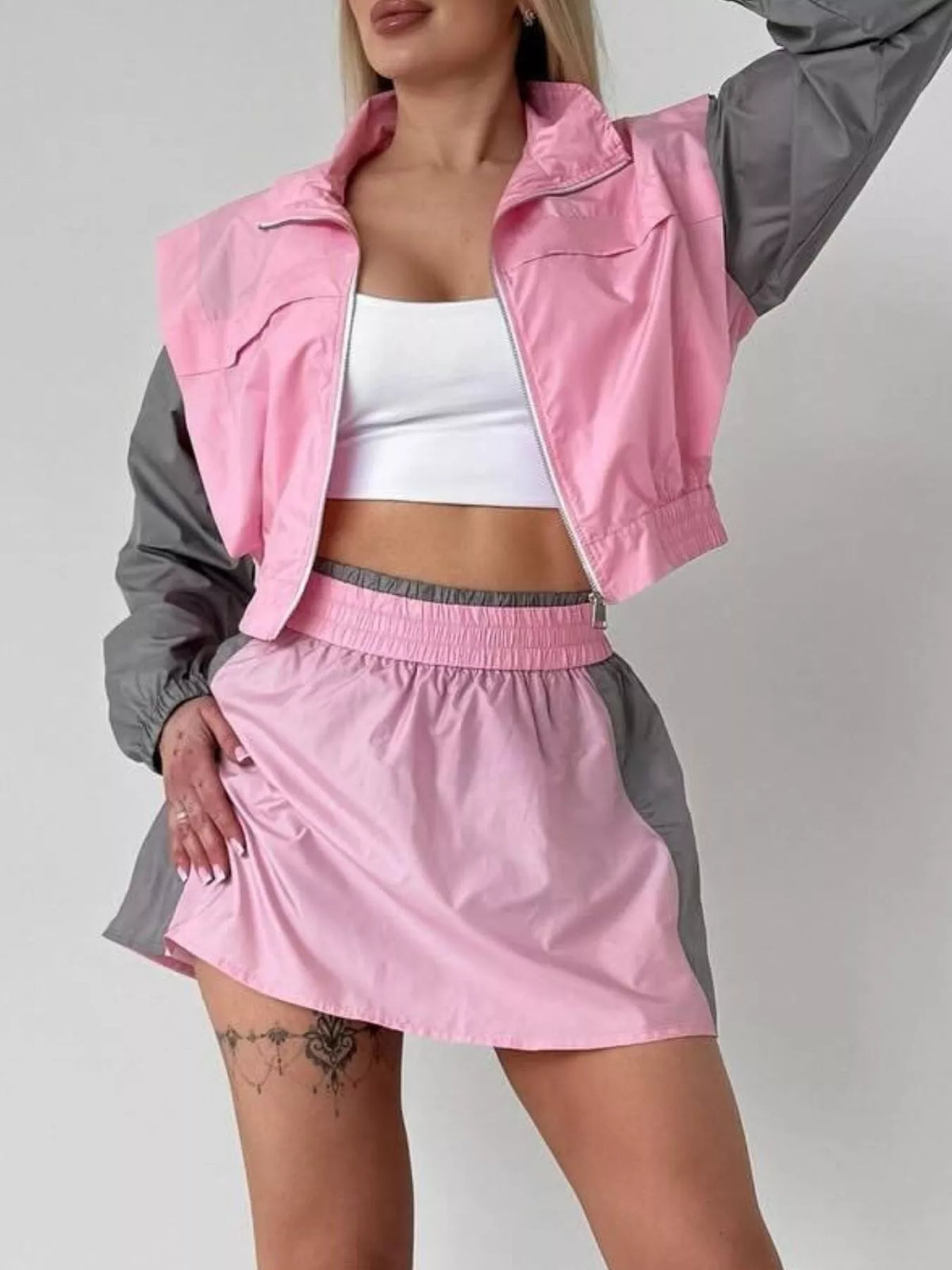 Color Block Outerwear and Skirt Set