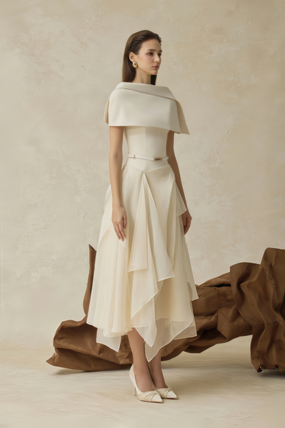Aria White Asymmetrical Shawl & Tulle Panel Dress Set