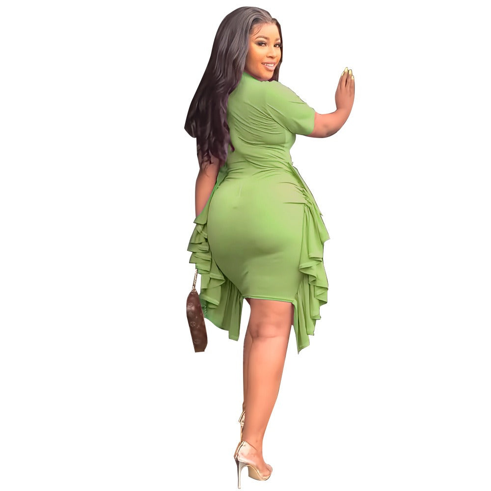 Ruched Side Ruffle Bodycon Midi Dress