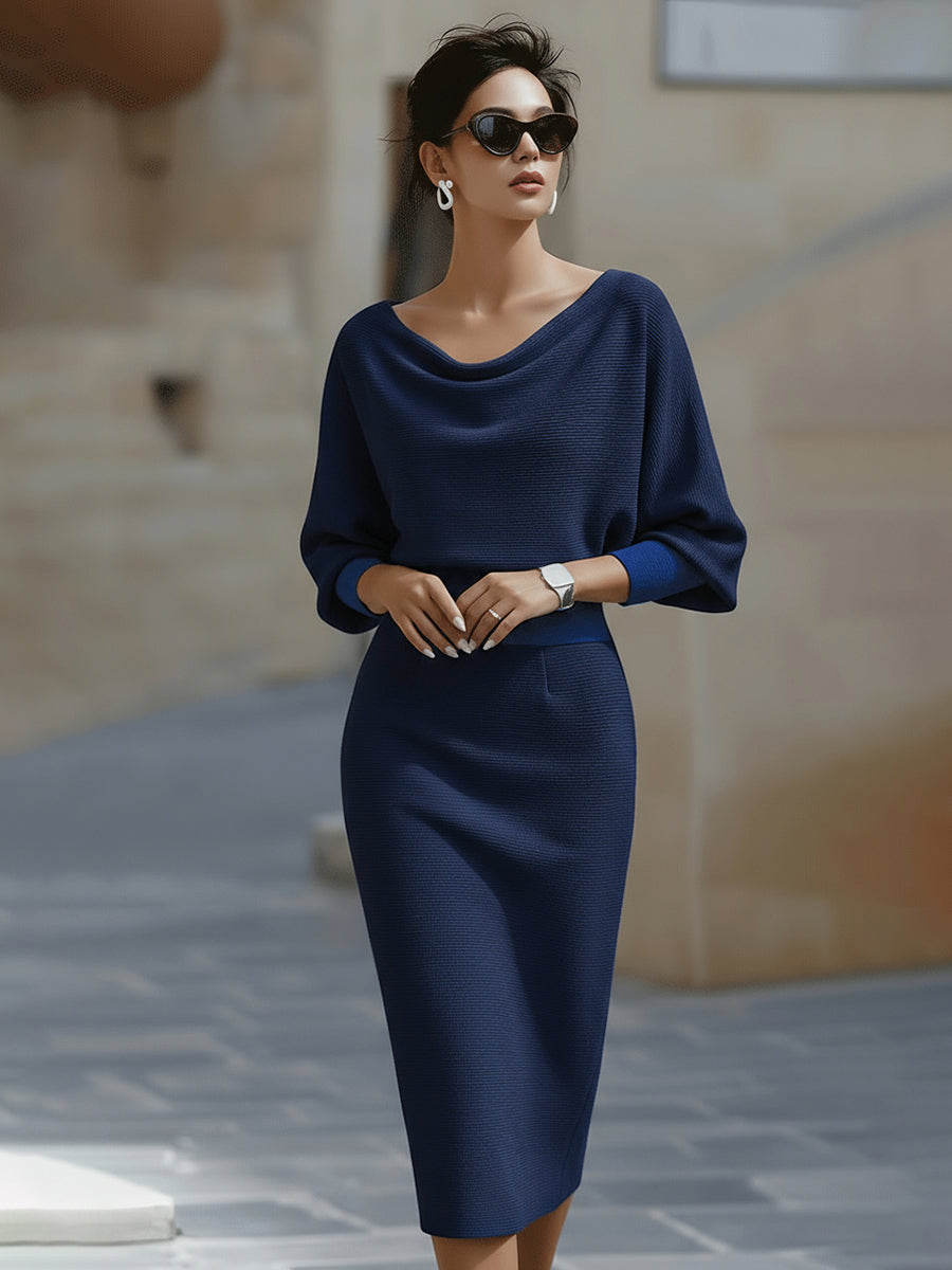 White Draped Batwing Midi Dress Navy Blue