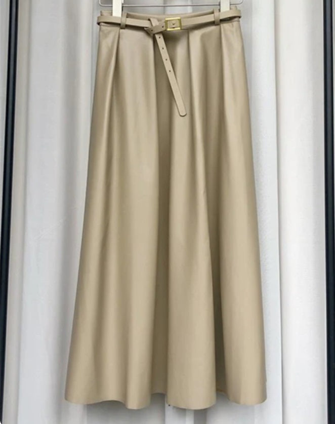 Ginger Classic Faux Leather Long Skirt NNSK252beige One Size (Fits XS-L)