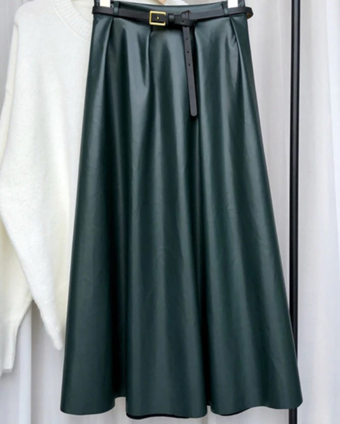 Ginger Classic Faux Leather Long Skirt NNSK252green One Size (Fits XS-L)