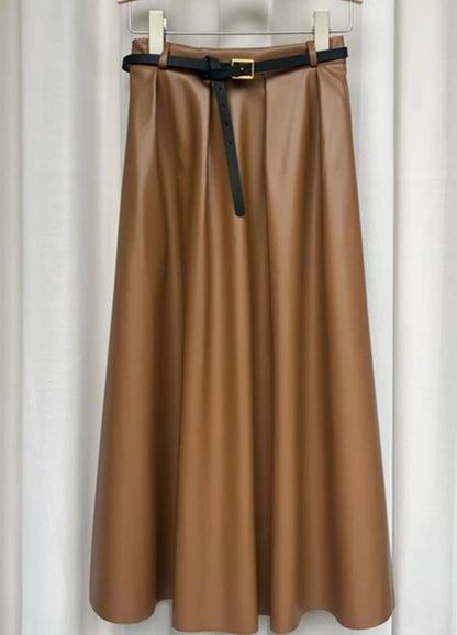 Ginger Classic Faux Leather Long Skirt NNSK252khaki One Size (Fits XS-L)
