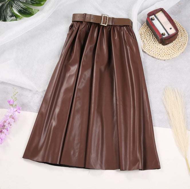 Ginger Classic Faux Leather Long Skirt R2365coffee One Size (Fits XS-L)