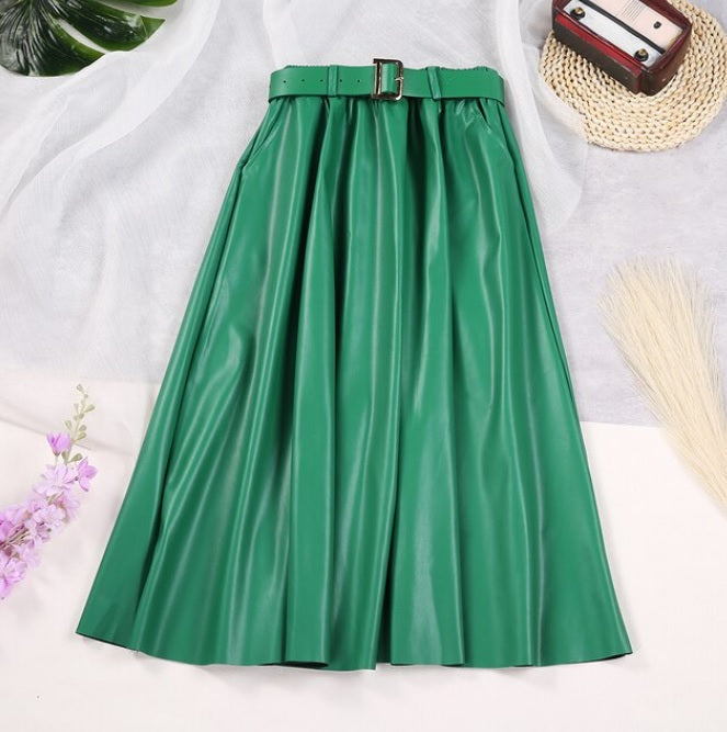 Ginger Classic Faux Leather Long Skirt R2365green One Size (Fits XS-L)