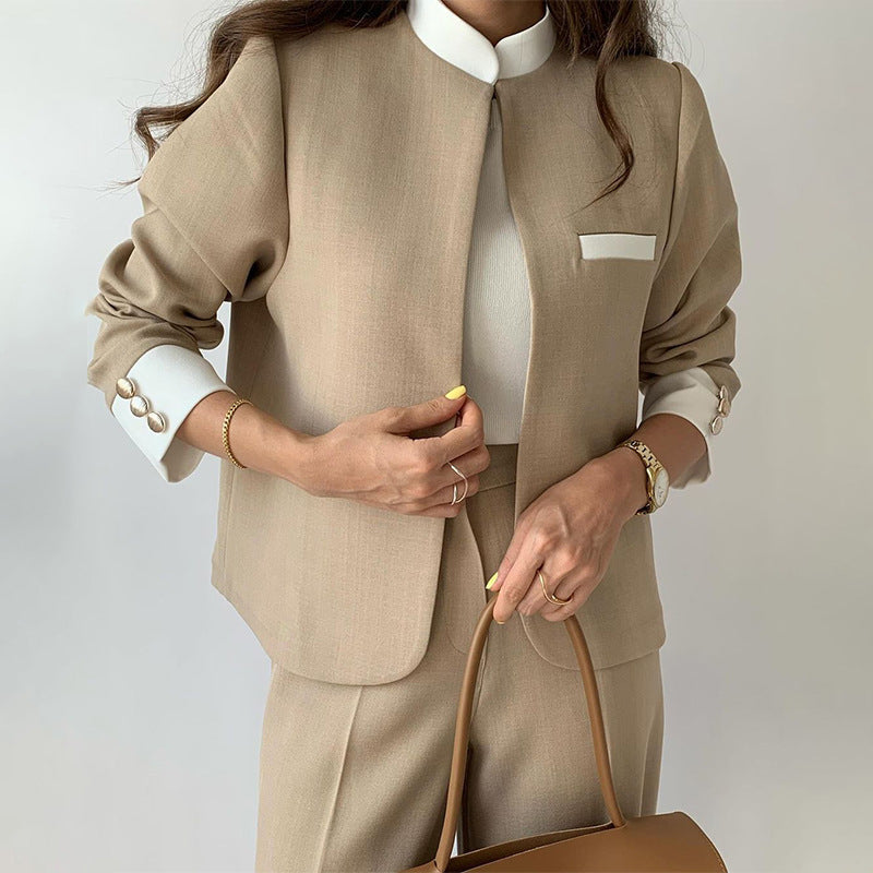 Elegant women's patchwork blazer with stand-up collar and trousers Khaki