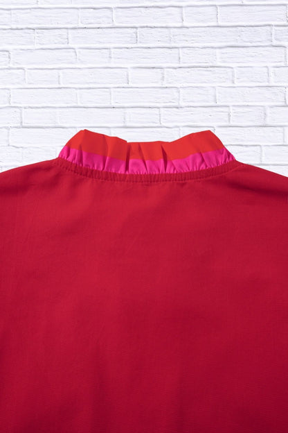 Ruffled Sleeve Notched Blouse with Striped Detail for Women